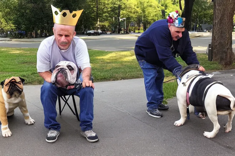 Image similar to Buddy the graying middle aged homeless man playing xbox and petting an english bulldog wearing a crown, dog wearing a crown, humans of new york