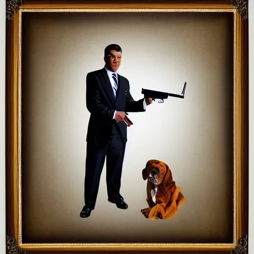 Image similar to a dog in a man's body wearing a business suit and pointing a gun, Digital art