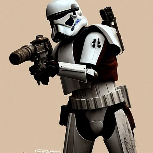 Image similar to an extremely long shot of an imperial stormtrooper in battle position ready to shoot his blaster concept art by Doug Chiang cinematic, realistic painting, high definition, very detailed, extremely high detail, photo realistic, concept art, the Mandalorian concept art style