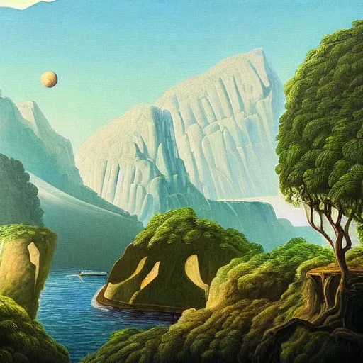 Image similar to painting of a lush natural scene on an alien planet by gerardo dottori. extremely detailed. futurism. beautiful landscape. weird vegetation. cliffs and water.