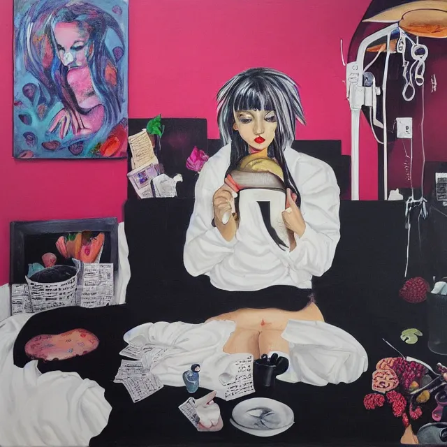 Image similar to a portrait in a female artist's bedroom, black walls, emo girl eating pancakes, sheet music, berries, surgical supplies, handmade pottery, flowers, sensual, octopus, neo - expressionism, surrealism, acrylic and spray paint and oilstick on canvas