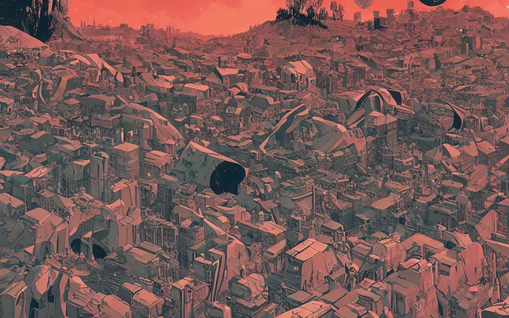 Prompt: very detailed, prophet graphic novel, ilya kuvshinov, mcbess, rutkowski, simon roy, illustration of disastrous environmental consequences of human negligence, wide shot, colorful, deep shadows, astrophotography, award winning