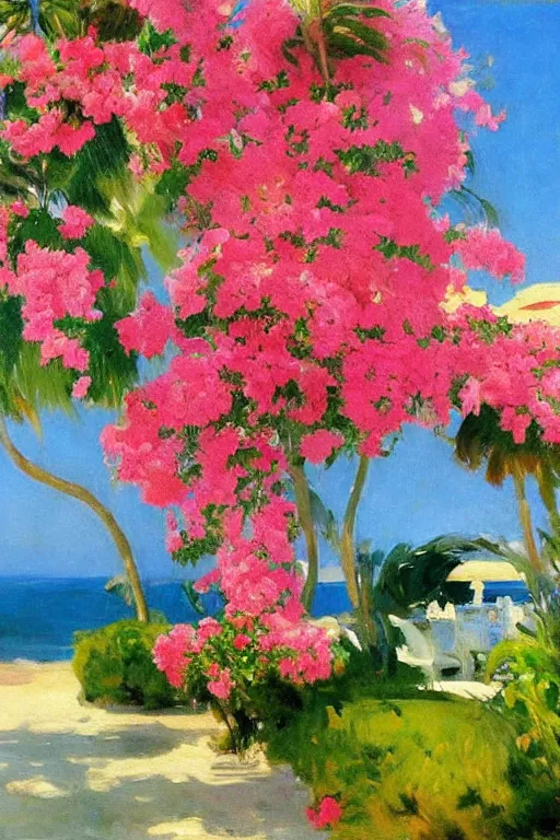 Prompt: beach, rose floating on the sea, a sun in the sky bougainvillea palms, painting by john singer sargent