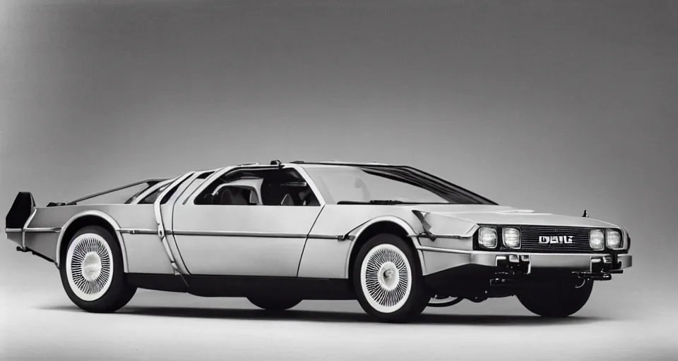 Image similar to 1955 DeLorean as designed by Ford concept by Syd Mead, catalog print