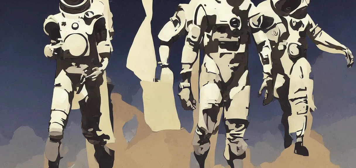 Image similar to male, full body, space suit with a modern helmet, large shoulders, short torso, long thin legs, tiny feet, character sheet, science fiction, very stylized character design, digital painting, by mike mignola, by alex maleev, jean giraud, painted by leyendecker