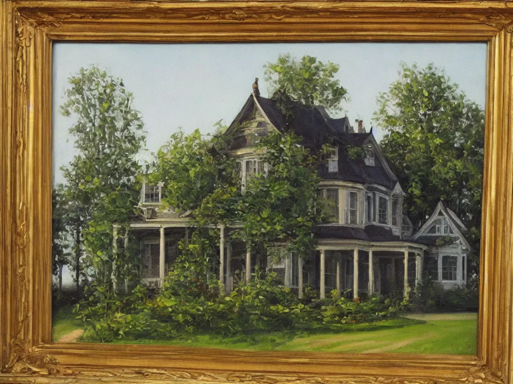 Prompt: “A oil painting of a greenVictorian house”