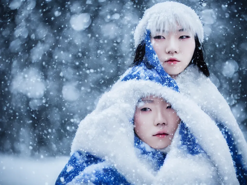 Prompt: the piercing stare of yuki onna, snowstorm, blizzard, mountain snow, canon eos r 6, bokeh, outline glow, asymmetric beauty, billowing cape, blue skin, centered, rule of thirds