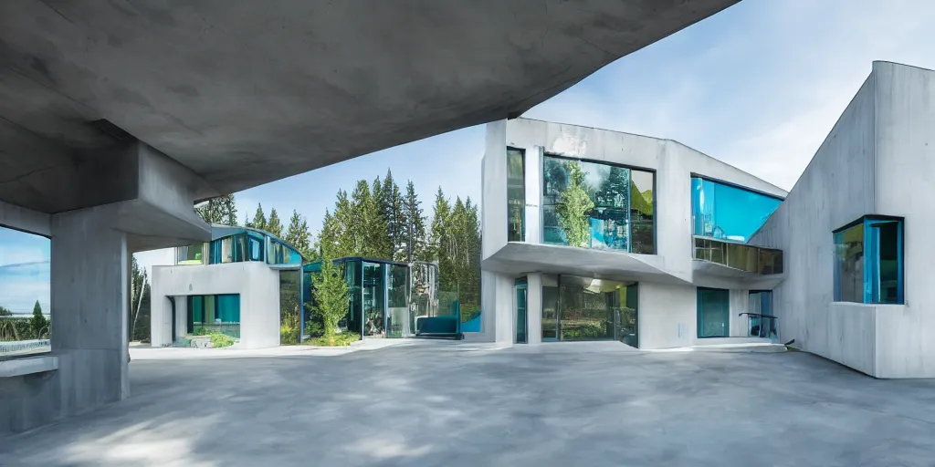 Prompt: large futuristic modern residence, white concrete, large windows, blue pipes, black and green metal, triangular features, Washington State