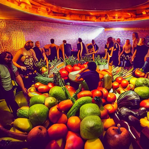 Image similar to a photo of a nightclub. fat men in swimsuits and giant fruit and vegetables all over the floor.