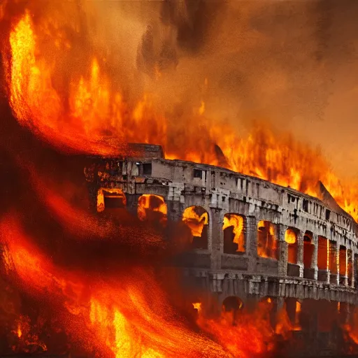 Image similar to Painting of the great fire of rome,abstract. realism, 8k, detailed, terror, octane render