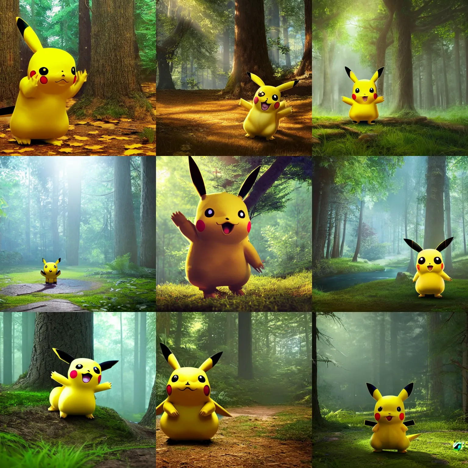 Prompt: a magical pikachu in a forest, digital art, wide shot, highly detailed, hyperrealistic, photorealistic, unreal engine 5, very detailed, made by a professional 3d artist, dynamic lighting, trending on artstation, 4k uhd, epic composition, masterpiece