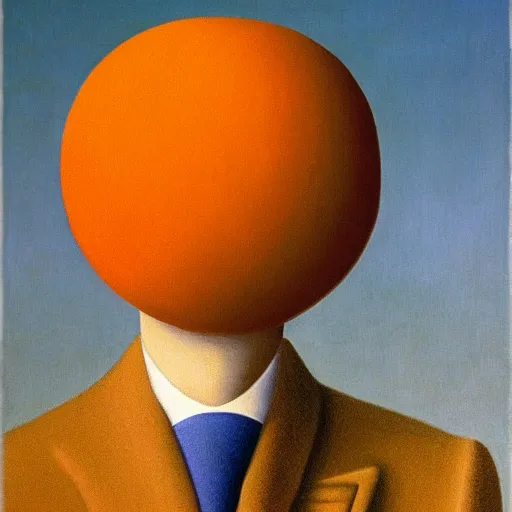 Image similar to the son of man but with an orange instead of an apple, painting by rene magritte, high detail, high resolution