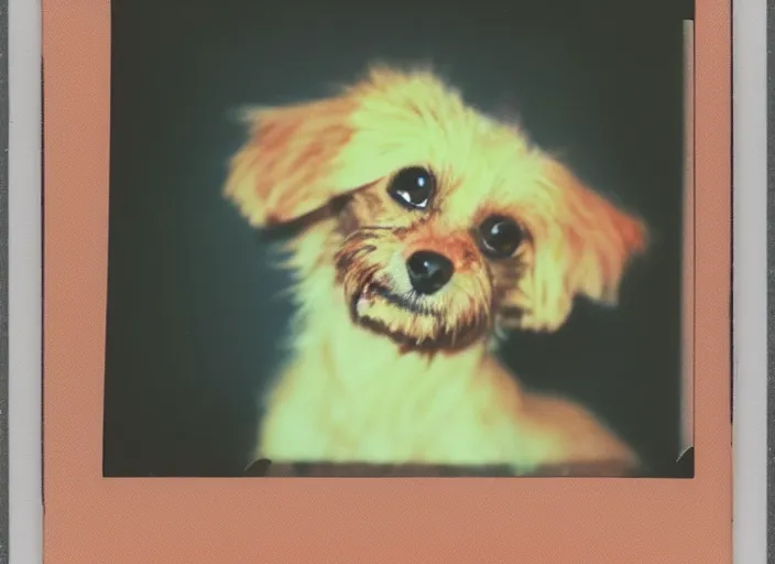 Image similar to a extreme close - up photo, color studio photographic portrait of a little dog bird hybrid, dramatic backlighting, 1 9 7 3 polaroid photo from life magazine,