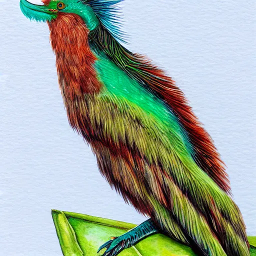 Image similar to A detailed painting of a male Resplendant Quetzal on a white bacground, watercolour, white matte