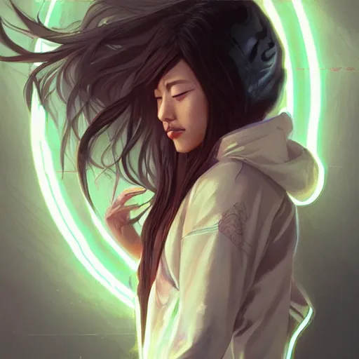 Prompt: asian lightning goddess wearing modern clothing, hoodie, jean shorts, slice of life, modern cyberpunk, highly detailed, digital painting, artstation, concept art, sharp focus, illustration, cinematic lighting, art by artgerm and greg rutkowski and alphonse mucha