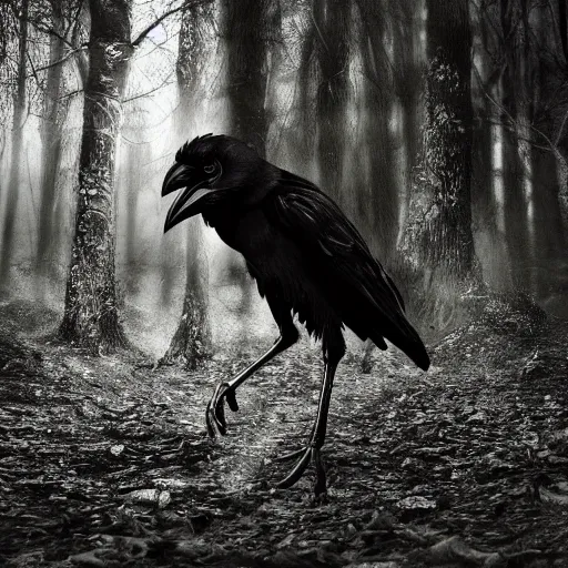 Image similar to werecreature consisting of a crow and a human, featured on artstation, photograph captured in a dark forest