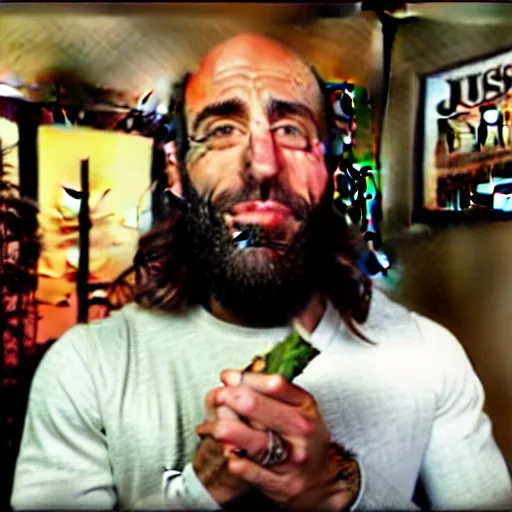 Prompt: the episode of joe rogan interviewing jesus christ while smoking a weed blunt. a cigarette with weed smoked by joe rogan. joe rogan experience.