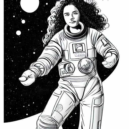 Image similar to clean simple line art of a woman with long curly hair floating in space. she is an astronaut, wearing a space suit. white background. well composed, clean black and white line drawing, beautiful detailed face. illustration by charlie adlard