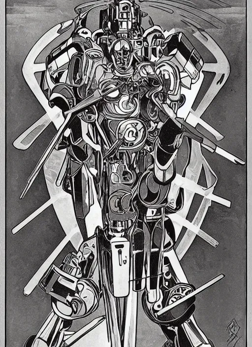 Prompt: mecha robot warrior by Alphonse Mucha