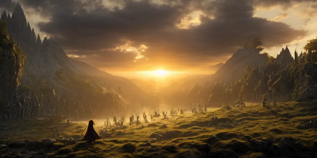 Image similar to a fairy in the lord of the rings scenery landscape, looking at the demon army in the distance, mysterious ， stream, sunrise, wallpaper ， god's rays highly detailed, vivid color, cinematic lighting, perfect composition, 8 k, gustave dore, derek zabrocki, greg rutkowski, belsinski, octane render