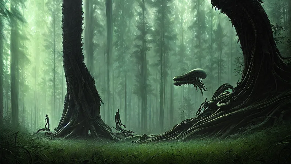 Image similar to alien, lost in the forest, detailed digital art by greg rutkowski.