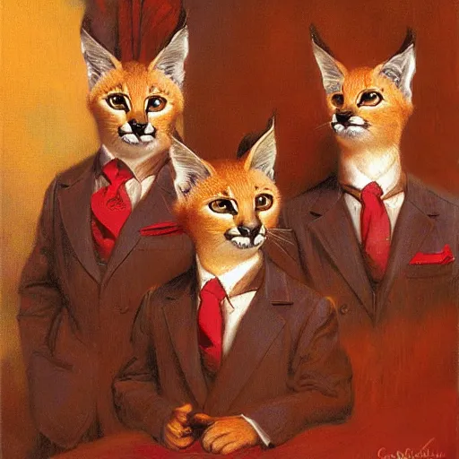 Prompt: three cute caracals wearing red ties, digital art, highly detailed by gaston bussiere, craig mullins, j. c. leyendecker 8 k