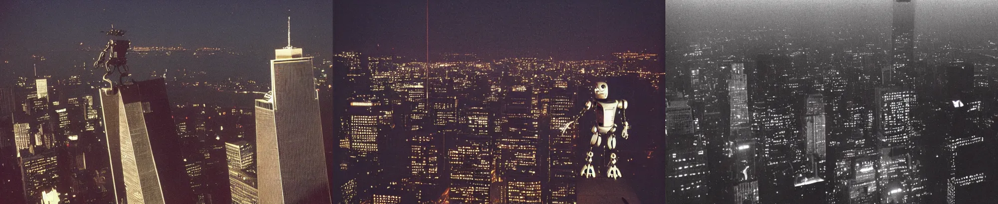 Prompt: a zombie robot on the top of the world trade center, 1990's, night time.