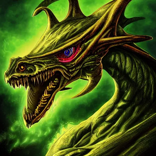 Image similar to A huge wingless green dragon surrounded by its noxious green gas, ridden by an ancient mummy with glowing eyes, digital art