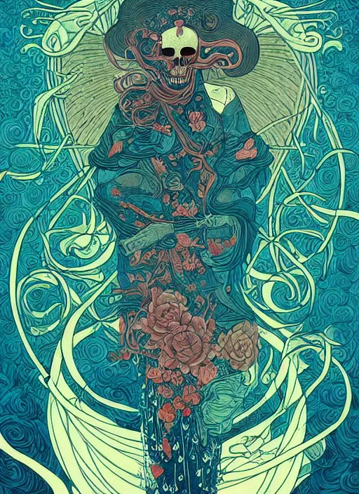 Prompt: beautiful tarot illustration of death, in the style of james jean and victo ngai, mystical colors, trending on artstation