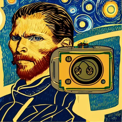 Image similar to Illustrated by Shepard Fairey and H.R. Geiger | Cyberpunk VAn Gogh with VR helmet, surrounded by cables