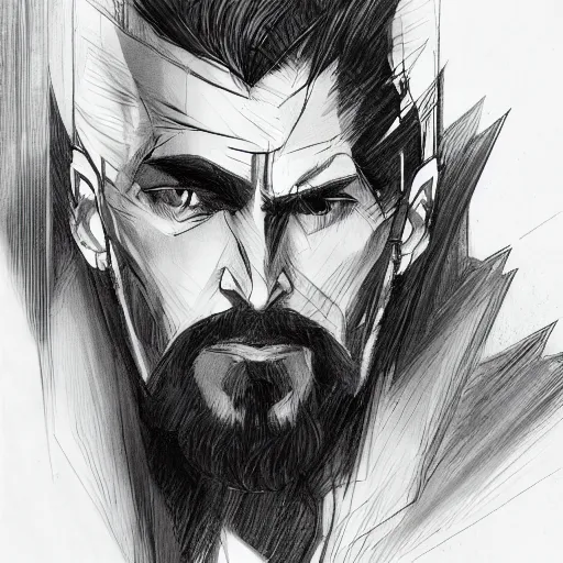 Image similar to concept art character, very high angle view, book cover, very attractive man with beard, walking in cyberpunk valley highly detailed full body, strong masculine features, sturdy body, command presence, royalty, smooth, sharp focus, organic, appealing, book cover, deep shadows, by Dave McKean sketch lineart for character design