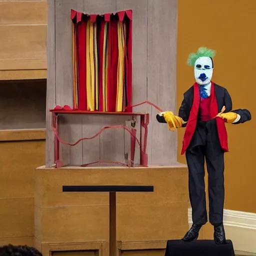 Image similar to puppet show of a string marionette of a president with clown makeup in a podium