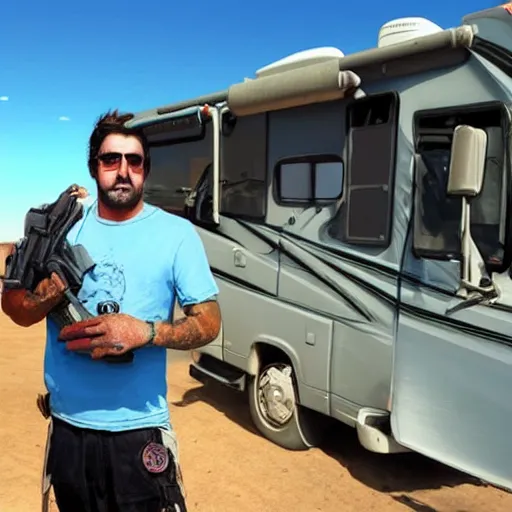 Image similar to argentinian trapper Duki holding a ziplock bag with baby blue meth, desert background, next to an rv, by stephen bliss, gta loading screen