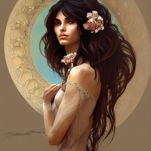 Image similar to Italian Supermodel, olive skin, long dark hair, beautiful bone structure, intricate, elegant, highly detailed, digital painting, artstation, concept art, smooth, sharp focus, illustration, art by artgerm and greg rutkowski and alphonse mucha