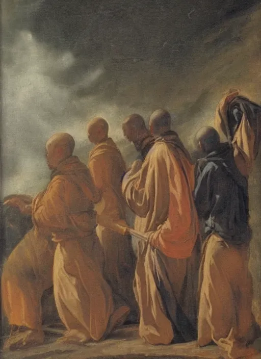 Prompt: elisabeth louise vigee - le brun painting of monks in raising new magical glowing spirit, old master painting,