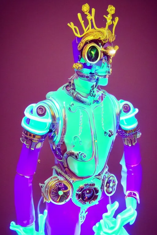 Prompt: full-body neon porcelain rococo futuristic style sculpture of a young handsome prince as a half-robot wearing retro shades, ruptured battery, leaking glowing neon radioactive liquid, electric sparks, glowing violet laser beam eyes, crown of giant diamonds, gold chain steampunk necklace, flowing purple satin, luminescent fabrics, mechanical roses. baroque and steampunk elements. full-length view. baroque element. intricate artwork by caravaggio. Trending on artstation, octane render, cinematic lighting from the right, hyper realism, octane render, 8k, depth of field, 3D