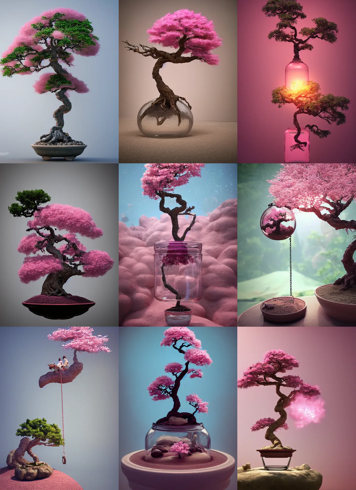 Prompt: swinging on a pink bonsai tree inside a glass jar buried in sand, intricate detail, volumetric lighting, epic composition, hyper detailed, ultra realistic, sharp focus, octane render, volumetric, ray tracing, artstation trending, cgsociety, sense of awe, swirling mist, 4 k