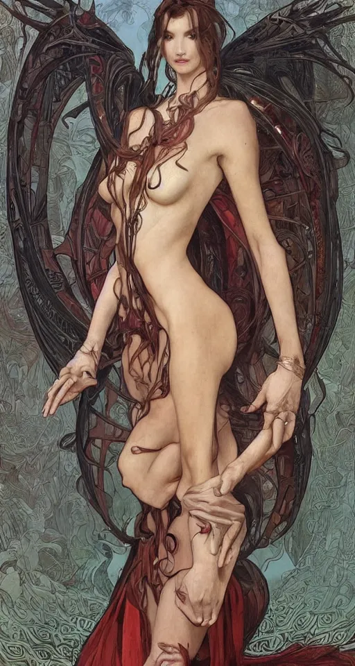 Image similar to 3/4 body portrait of the firedragon queen by artgerm and H R Giger and alphonse mucha, HD, full body dragon concept, flying dragon, Human body with dragon features, beautiful queen, perfect face, perfect body, 10/10 would dream again, fantasy, intricate, elegant, highly detailed, digital painting, artstation, concept art, smooth, sharp focus, illustration, ray tracing, 4k realistic 3d rendered portrait, soft shading, soft colors, relaxed colors, hyperdetailed, wide angle lens, fantasy, futuristic horror, armor style of giger