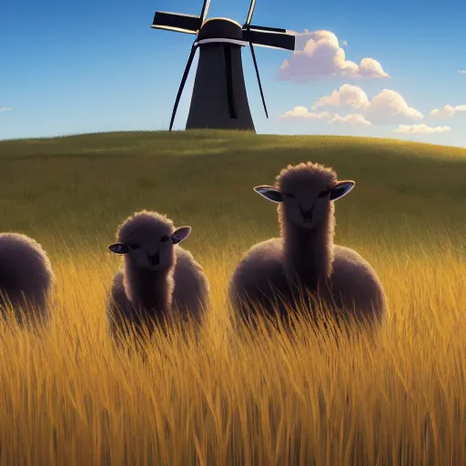 Image similar to a group of black - headed sheeps in a wheat field in front of a windmill by makoto shinkai and lois van baarle, ilya kuvshinov, rossdraws global illumination