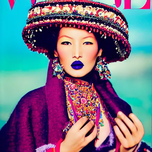 Image similar to a beautiful professional photograph by hamir sardar, herb ritts and ellen von unwerh for the cover of vogue magazine of a beautiful and unusually attractive tibetan female fashion model looking at the camera in a flirtatious way, zeiss 5 0 mm f 1. 8 lens