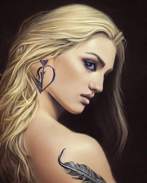 Image similar to tattoo sketch of beautiful greek goddess aphrodite with arrowhead earrings, beautiful feather jewelry, beautiful piercing eyes, flowing blonde hair, realistic face, hyper realistic, in the style of greg rutkowski, fantasy, amazing detail, epic, elegant, smooth, sharp focus, from the front