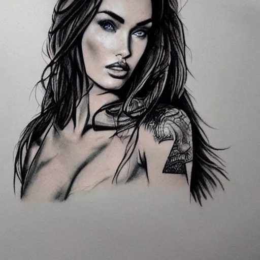 Image similar to realism tattoo sketch of double exposure megan fox with beautiful mountain scenery, in the style of andrey lukovnikov