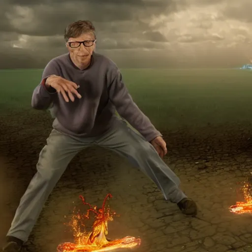 Image similar to bill gates fights demons, highly detailed, 8 k, masterpiece, super resolution.