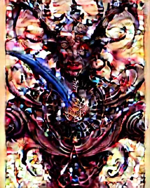 Prompt: the devil tarot card, fantasy character portrait made of fractals, ultra realistic, wide angle, intricate details, the fifth element artifacts, highly detailed by peter mohrbacher, hajime sorayama, wayne barlowe, boris vallejo, aaron horkey, gaston bussiere, craig mullins