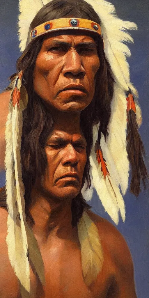 Image similar to a stunning and noble highly detailed portrait of a native american warrior by edward hopper, trending on artstation, oil painting masterpiece, symmetry, mysterious, very very very aesthetic