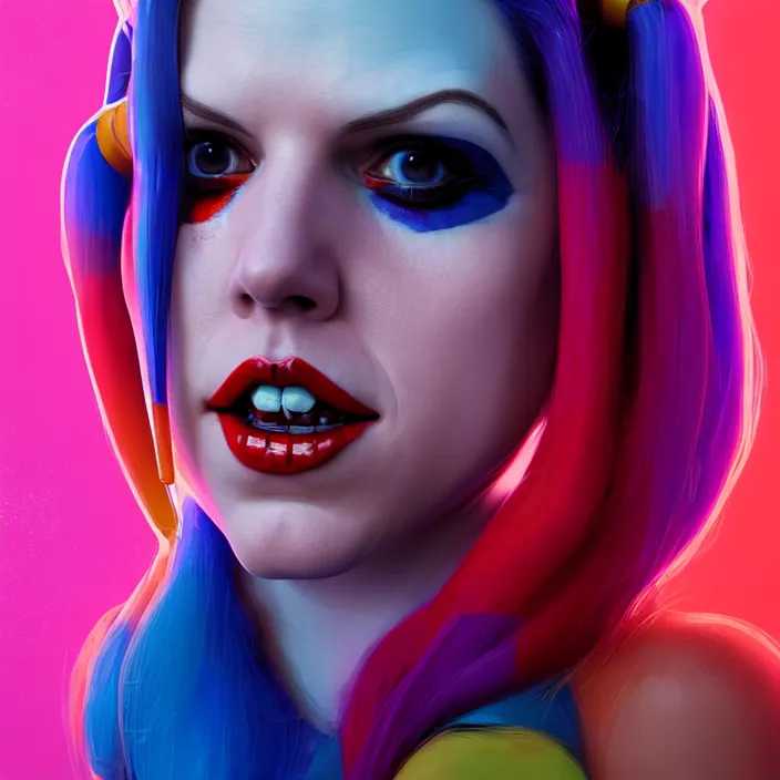 Image similar to portrait of Anna Kendrick as harley quinn. intricate abstract. intricate artwork. by Tooth Wu, wlop, beeple, dan mumford. octane render, trending on artstation, greg rutkowski very coherent symmetrical artwork. cinematic, hyper realism, high detail, octane render, 8k, iridescent accents