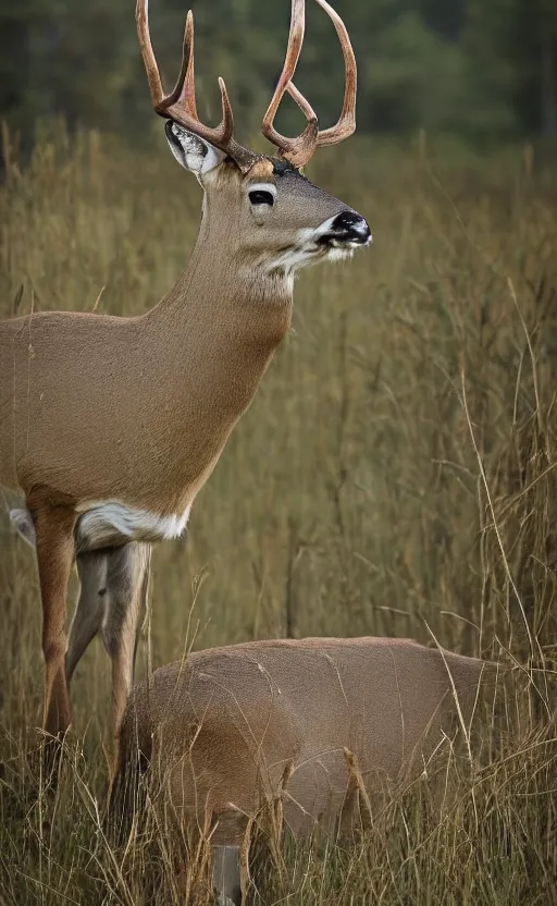 Prompt: a portrait of a mighty and wise deer king with antlers looking straight in the camera, there is tall grass, forest in the background, phenomenal photography, ambient light, 8 5 mm f 1. 8 composition by robert capa