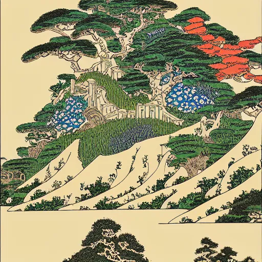 Image similar to the shire, highly detailed, intricate, in the style of hokusai