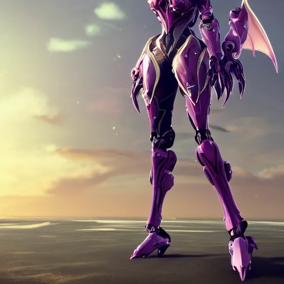 Image similar to cinematic close up full body shot of a beautiful stunning saryn prime warframe, that's a beautiful stunning anthropomorphic robot female dragon with metal cat ears, cute elegant pose, standing on teh beach at sunset, robot cat paws, thick warframe legs, detailed arms, sharp claws, slick pink armor, streamlined white armor, long elegant tail attached to her back end, two arms, two legs, detailed warframe fanart, destiny fanart, macro art, dragon art, furry art, realistic digital art, warframe art, Destiny art, furaffinity, DeviantArt, artstation, 3D realistic, 8k HD, octane render