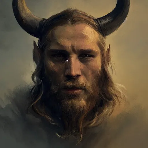 Image similar to a beautiful artwork portrait of a viking skull with horns study by greg rutkowski , featured on artstation, norse mythology, valhalla